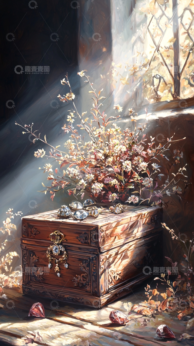 高清大图下载【趣麦麦图】阳光下的古董箱与花束