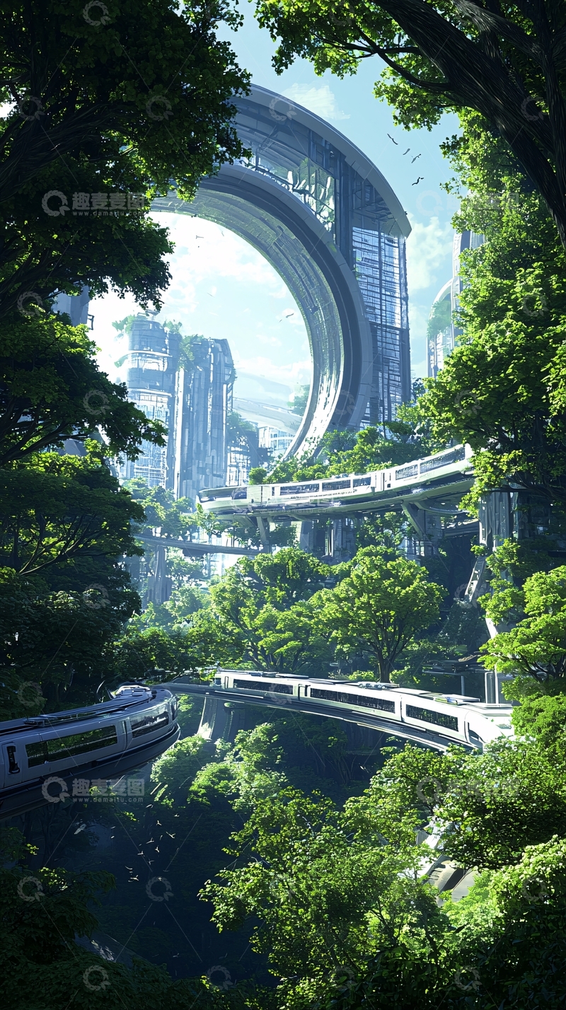 高清大图下载【趣麦麦图】未来森林中的悬浮列车