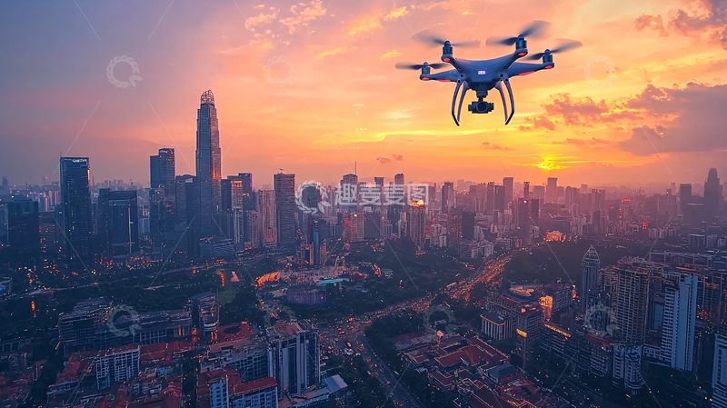 高清大图下载【趣麦麦图】无人驾驶飞行器在城市上空