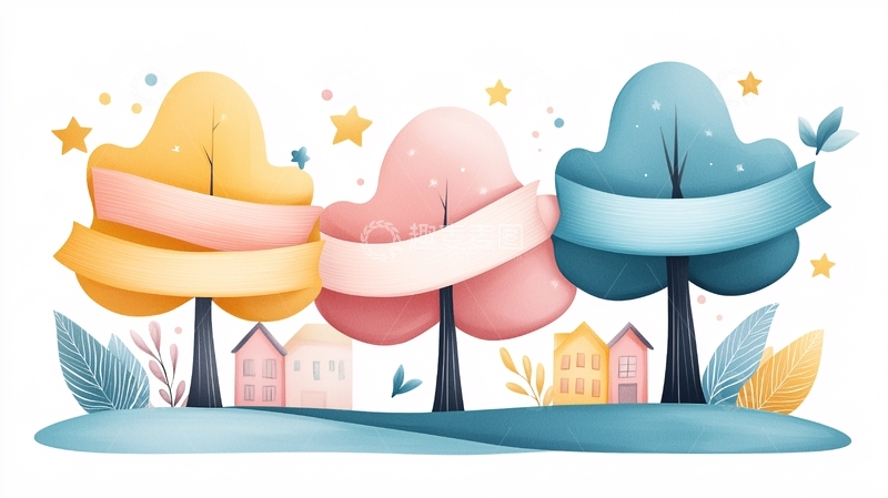 高清大图下载【趣麦麦图】梦幻森林里的彩色树和房子