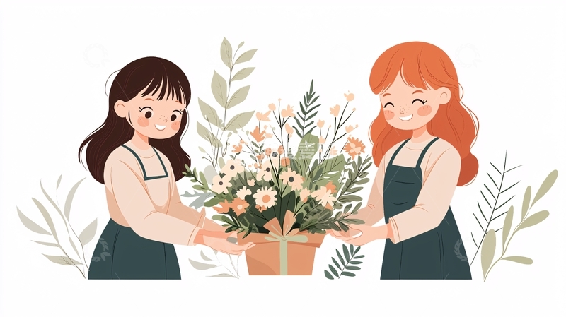 高清大图下载【趣麦麦图】两位女孩分享花束插画