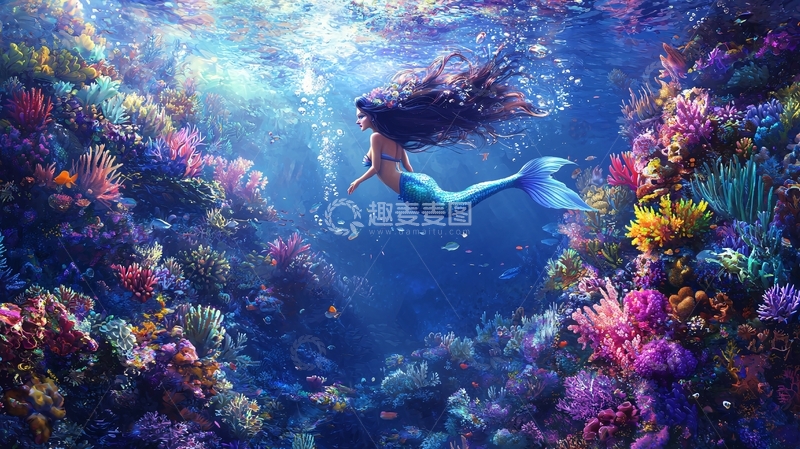 高清大图下载【趣麦麦图】海底美人鱼与珊瑚礁