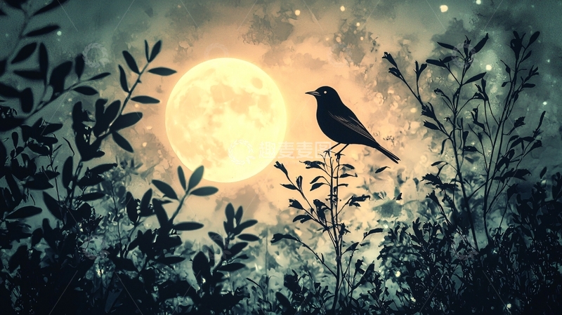 高清大图下载【趣麦麦图】月夜鸟鸣自然风景