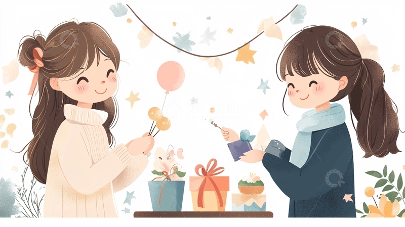 高清大图下载【趣麦麦图】温馨节日礼物交换场景插画