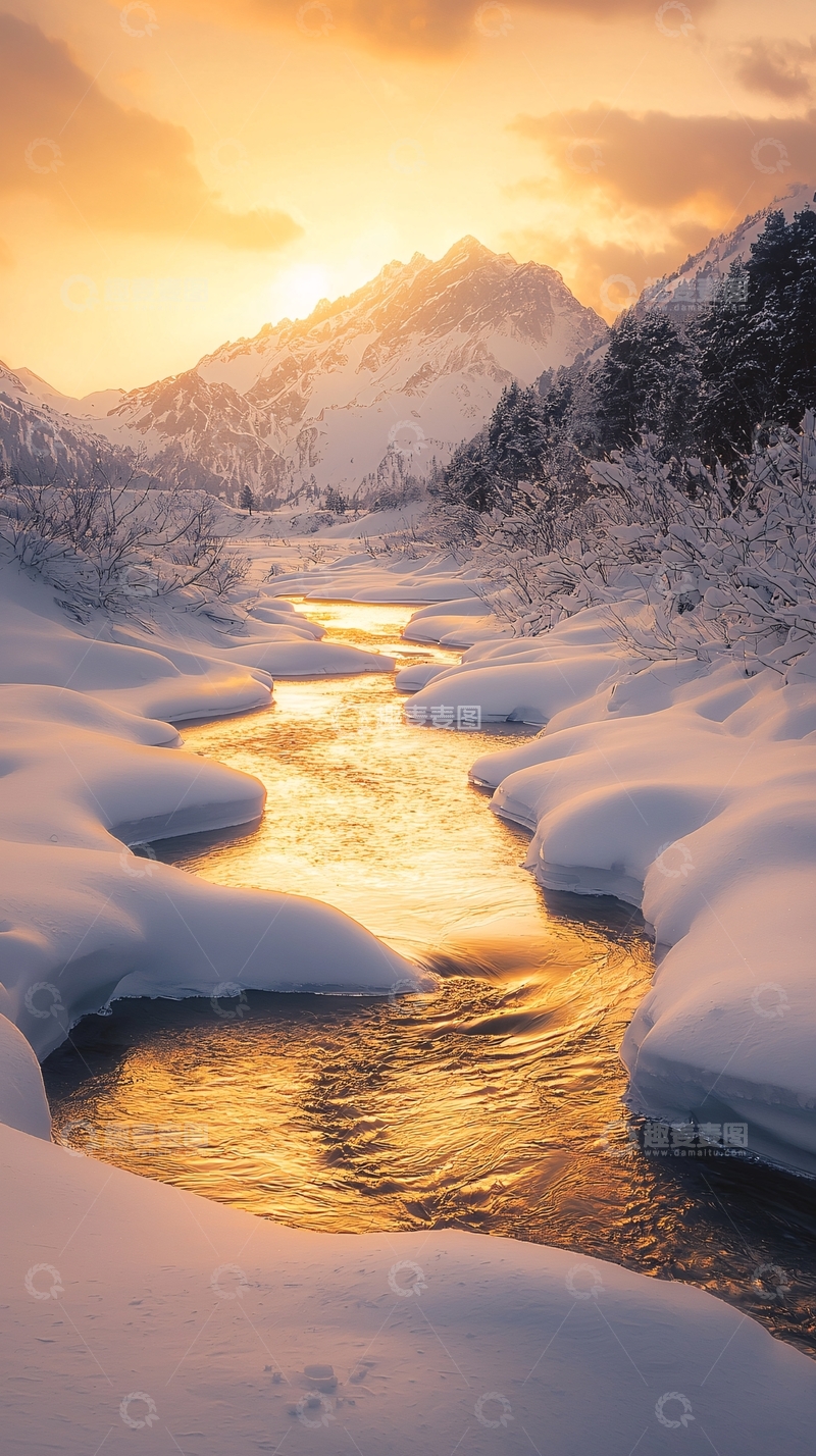 高清大图下载【趣麦麦图】冬日雪山河流夕阳美景