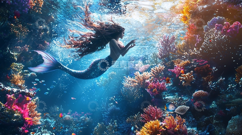 高清大图下载【趣麦麦图】海底美人鱼与珊瑚礁