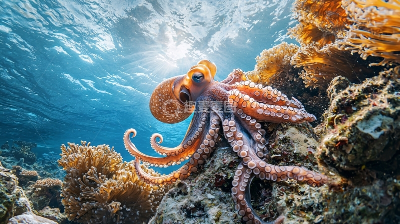 高清大图下载【趣麦麦图】海底章鱼与珊瑚礁