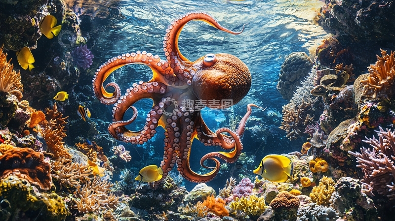 高清大图下载【趣麦麦图】海底章鱼与珊瑚礁