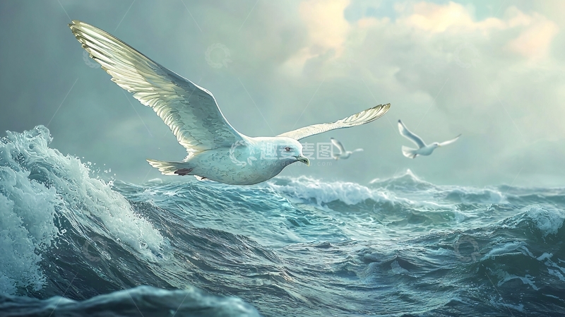 高清大图下载【趣麦麦图】海鸥翱翔于波涛之上