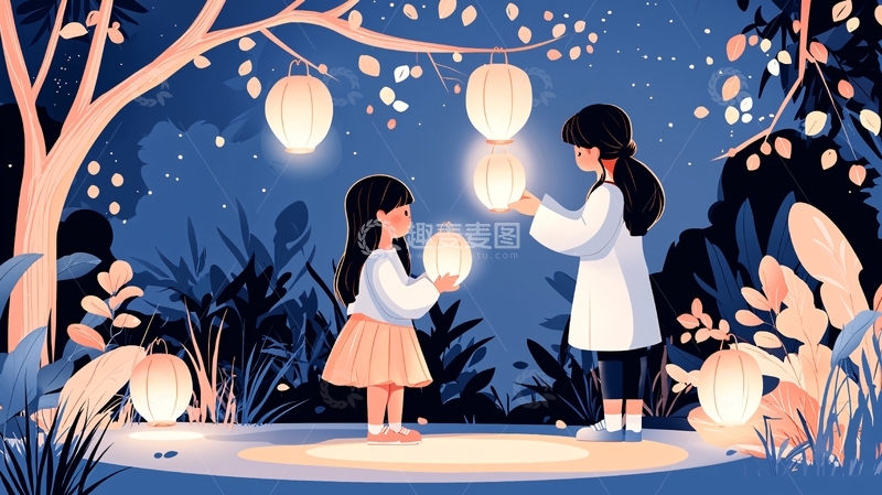 高清大图下载【趣麦麦图】夜晚森林中提灯笼的女孩