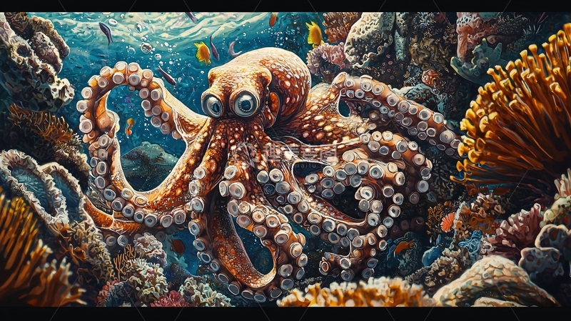 高清大图下载【趣麦麦图】海底章鱼与珊瑚礁