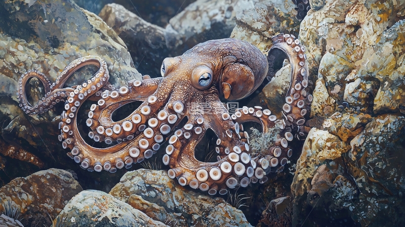 高清大图下载【趣麦麦图】岩石上的章鱼
