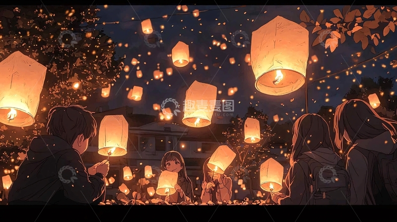 高清大图下载【趣麦麦图】放飞天灯的夜晚