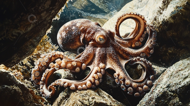 高清大图下载【趣麦麦图】深海章鱼与岩石