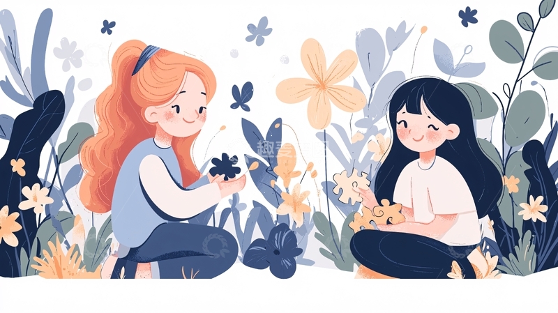 高清大图下载【趣麦麦图】两个女孩在花丛中玩耍