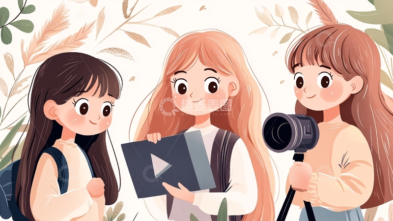 三个女孩与相机和播放按钮