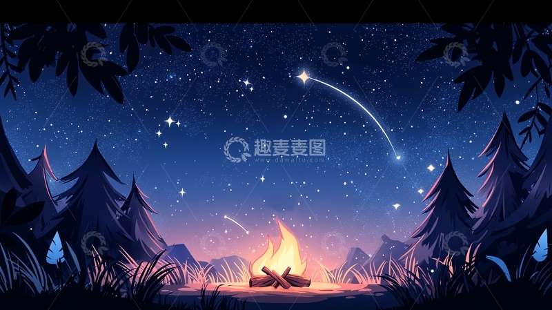 高清大图下载【趣麦麦图】夜晚森林中的篝火与流星