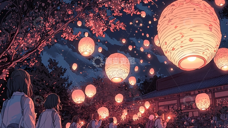 高清大图下载【趣麦麦图】樱花树下放飞灯笼的夜晚