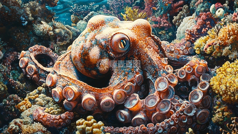 高清大图下载【趣麦麦图】海底章鱼与珊瑚礁