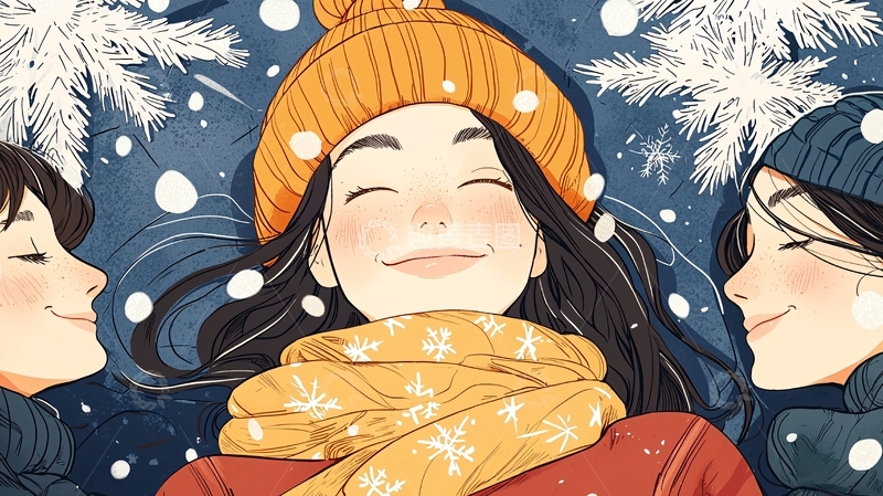 高清大图下载【趣麦麦图】冬日温馨雪花下的微笑