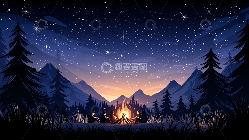 高清大图下载【趣麦麦图】夜晚篝火露营山景图