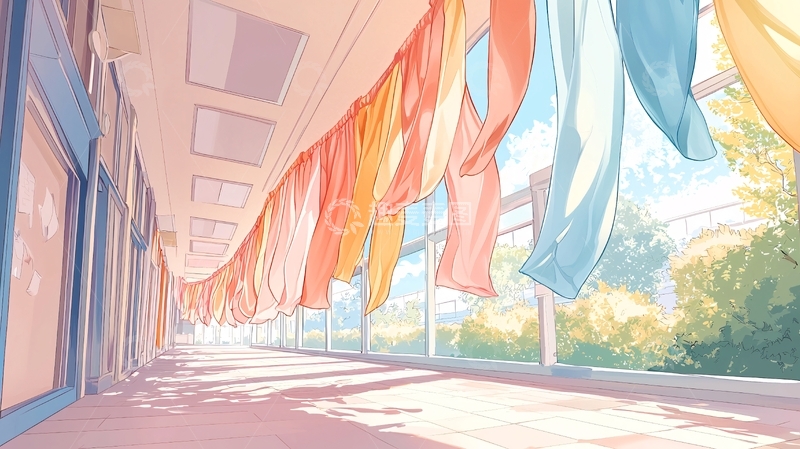 高清大图下载【趣麦麦图】阳光洒满走廊的窗帘场景