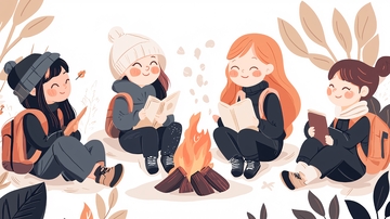 秋日篝火旁读书的同学们