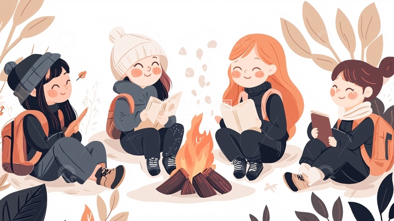 高清大图下载【趣麦麦图】秋日篝火旁读书的同学们