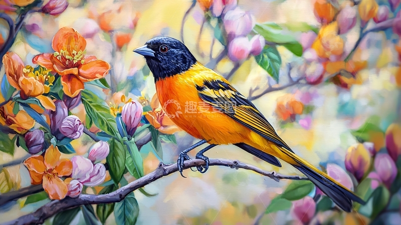 高清大图下载【趣麦麦图】橙色鸟儿与盛开花朵