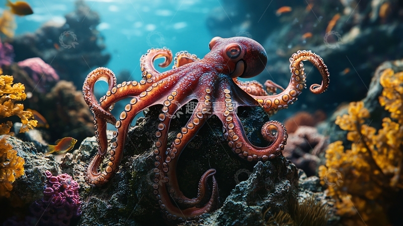 高清大图下载【趣麦麦图】深海章鱼与珊瑚礁