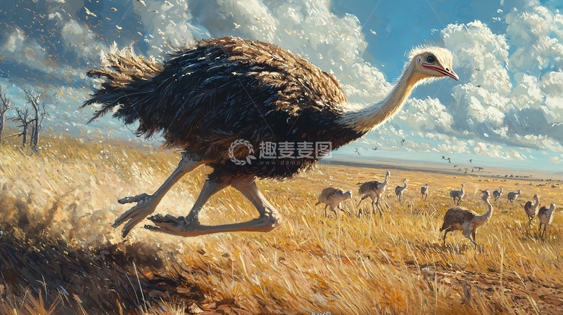 高清大图下载【趣麦麦图】非洲鸵鸟群行草原