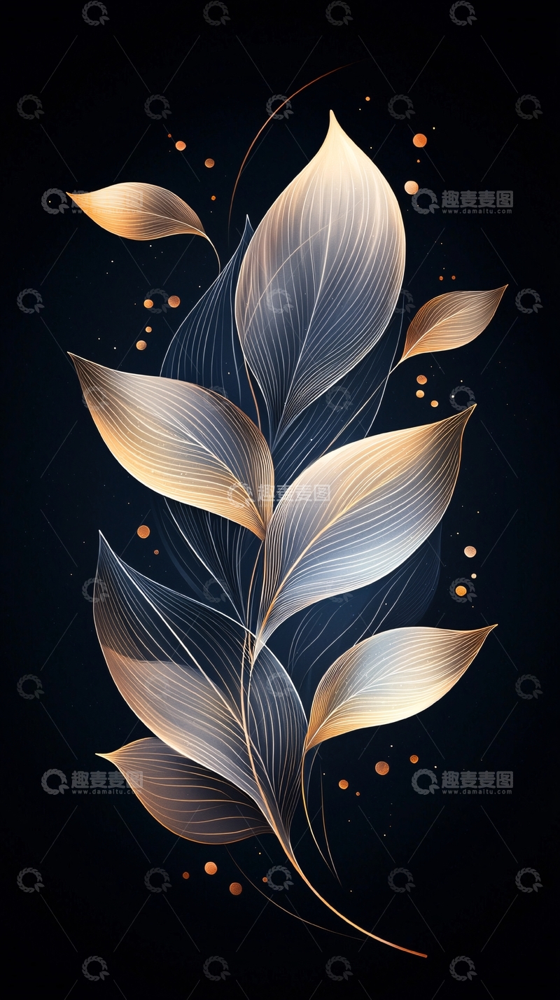 高清大图下载【趣麦麦图】金色线条植物插画背景