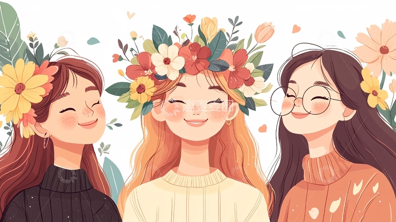 高清大图下载【趣麦麦图】三个女孩戴着花环的插画