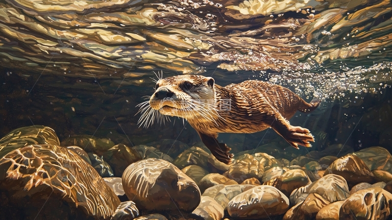 高清大图下载【趣麦麦图】水下嬉戏的水獭