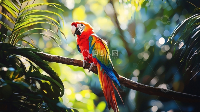 高清大图下载【趣麦麦图】五彩鹦鹉栖息在树枝上