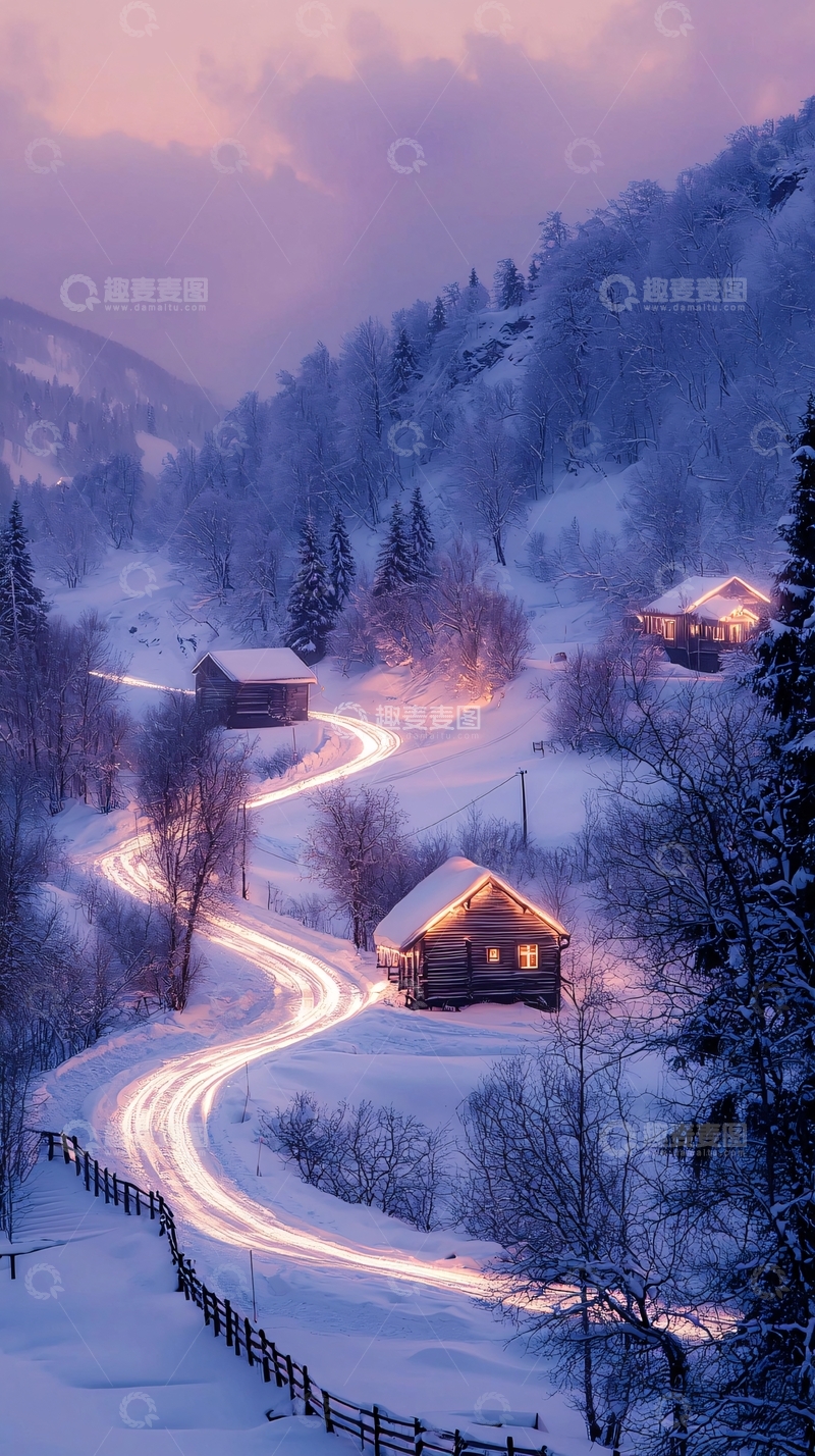 高清大图下载【趣麦麦图】冬日雪景中的小屋与蜿蜒山路