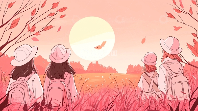 高清大图下载【趣麦麦图】秋日田野上的四人背影