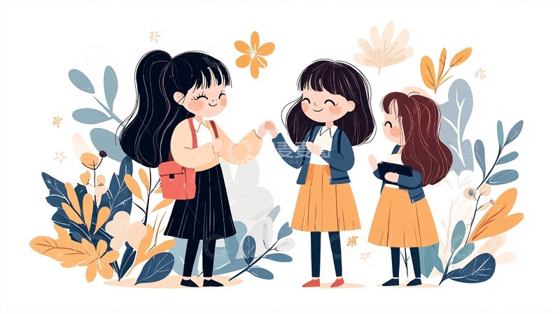 高清大图下载【趣麦麦图】三个女孩在花丛中交流