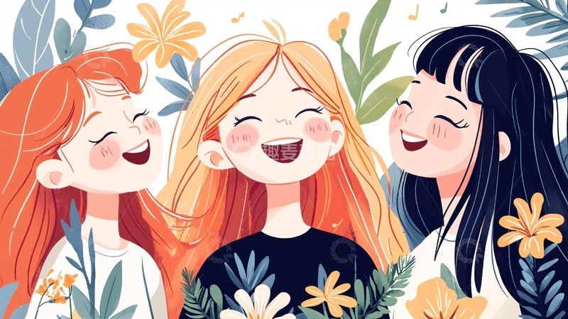 高清大图下载【趣麦麦图】三位女孩在花丛中欢笑