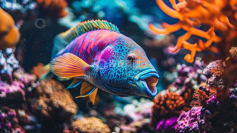 高清大图下载【趣麦麦图】色彩斑斓的热带鱼在珊瑚礁中游动
