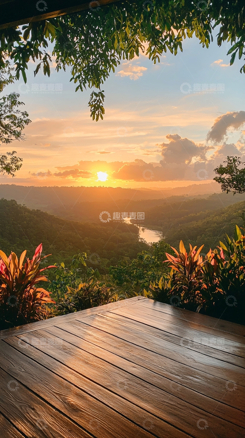 高清大图下载【趣麦麦图】日落山间木台风景