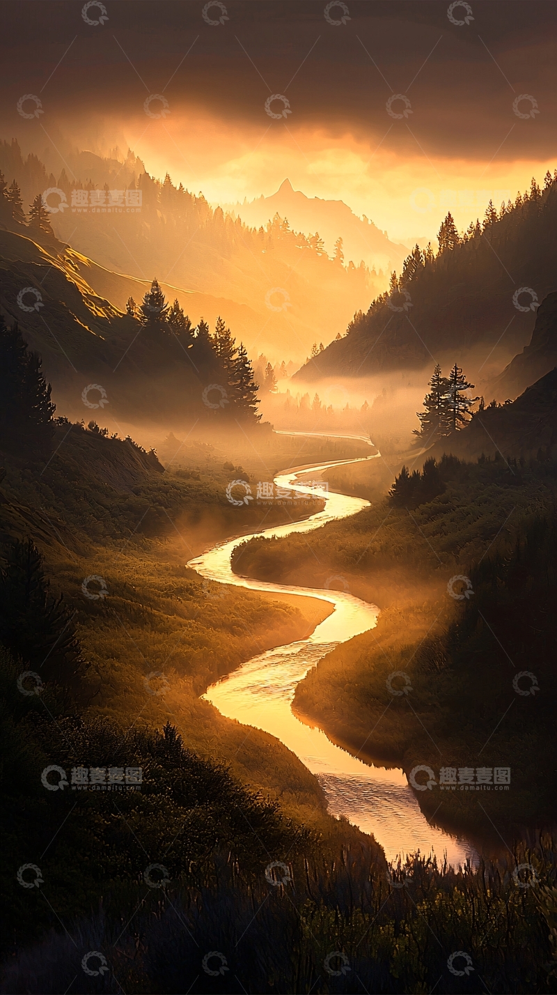 高清大图下载【趣麦麦图】晨雾中的蜿蜒河流