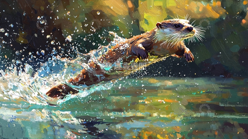 高清大图下载【趣麦麦图】水中的水獭动态插画