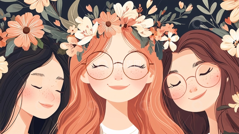 高清大图下载【趣麦麦图】三位戴眼镜的女性头戴花环