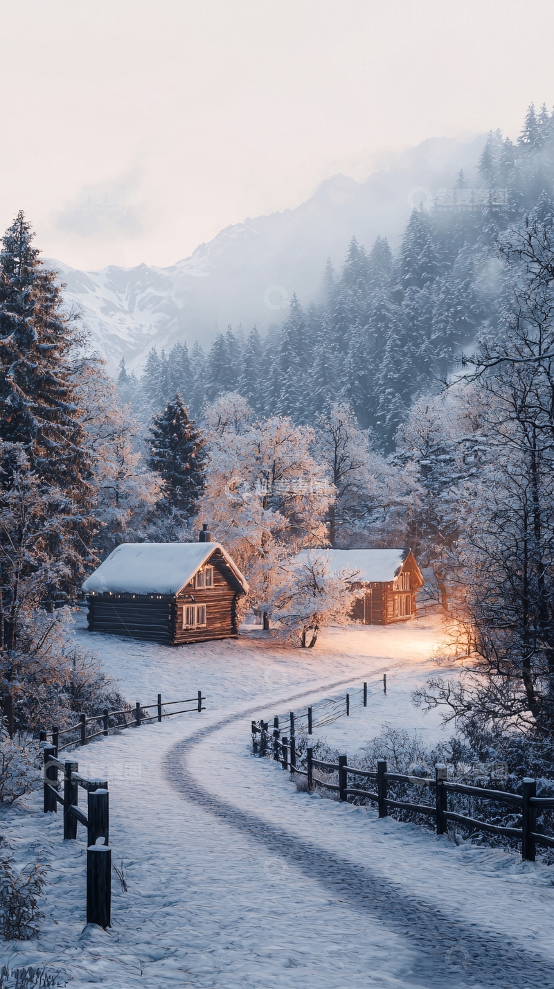高清大图下载【趣麦麦图】冬日雪景中的小屋