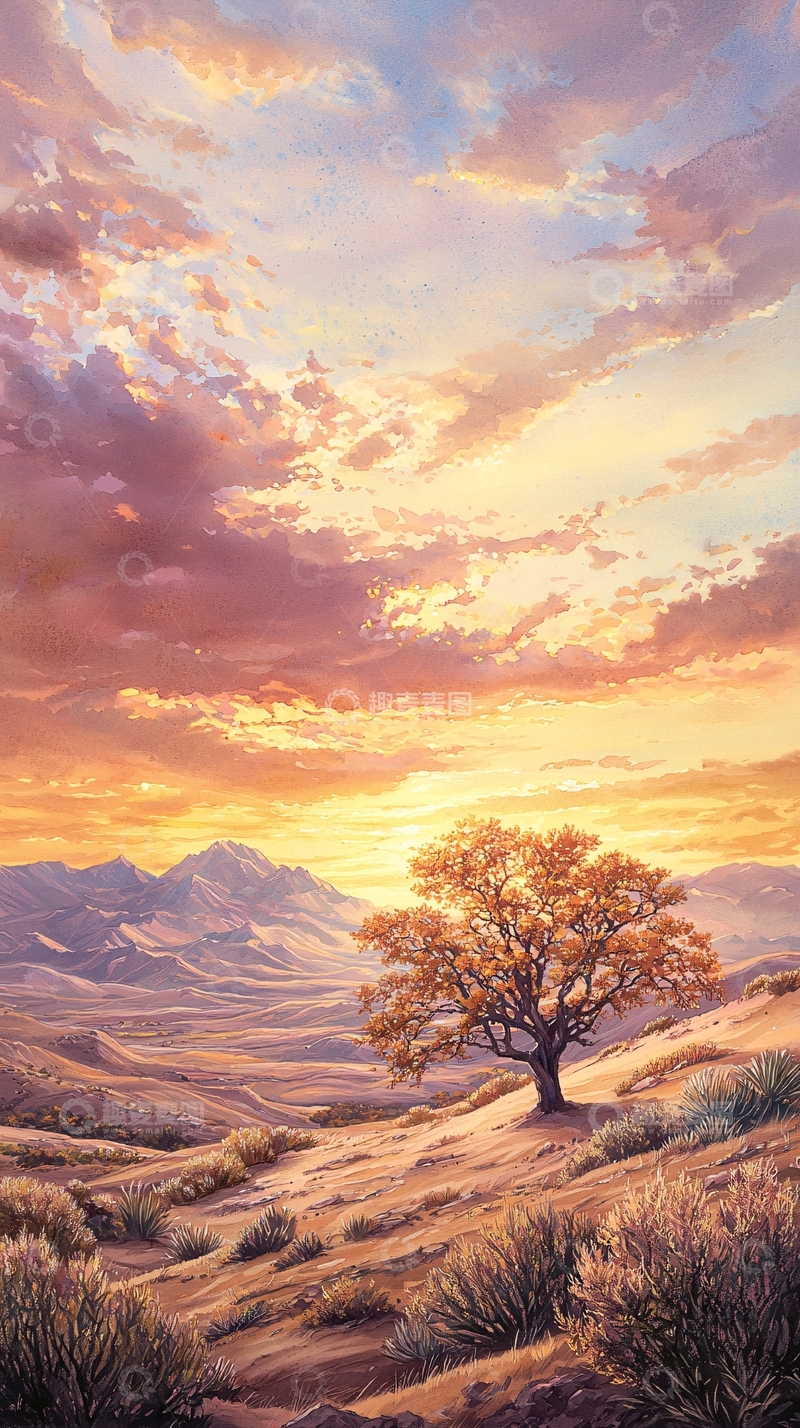 高清大图下载【趣麦麦图】夕阳下的孤独树