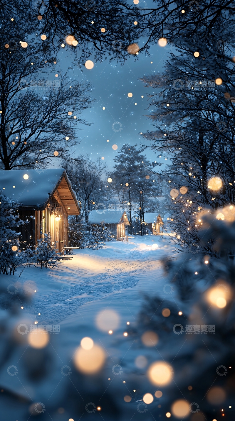 高清大图下载【趣麦麦图】冬夜小屋雪景