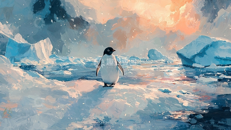 高清大图下载【趣麦麦图】南极企鹅冰川日落