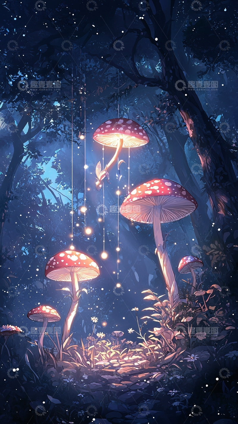 高清大图下载【趣麦麦图】梦幻森林中的发光蘑菇