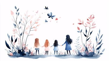 手牵手的女孩们在花丛中